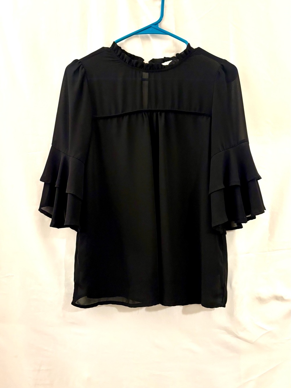 Ruffled Sleeve Black Blouse with High Neck